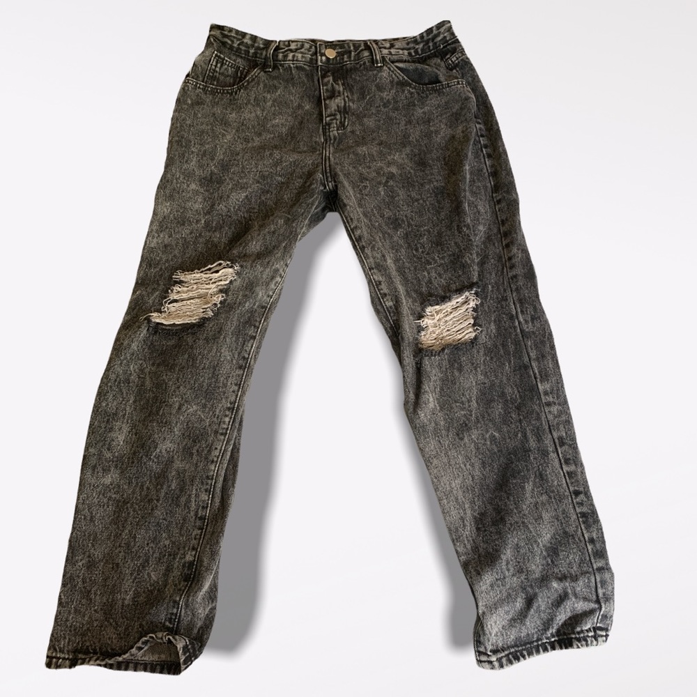 SHEIN Black Distressed Dark Denim Destroyed Ripped Jeans Size Large